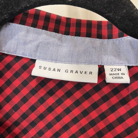 Susan Graver Red Black Plaid Checkered Button Up Long Sleeve Shirt Womens 22W - Picture 4 of 10